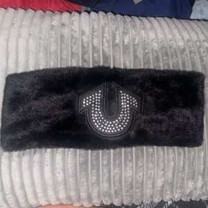 Black Fur Headband with Rhinestone Detail
